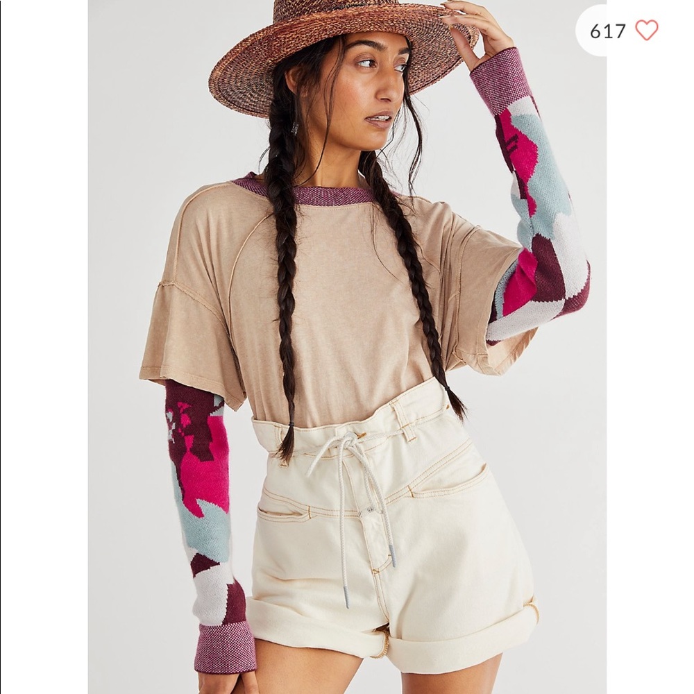 Free People Beige Tee with Pink and Light Blue Sleeve Details